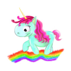 illustrated blue Unicorn with pink hair with rainbow