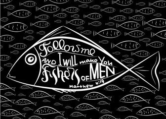 Fishers of men. The word of the son of God. Ichthys is a symbol of fish. The ancient acronym of the name of Jesus Christ in Christian religion.  Vector design.