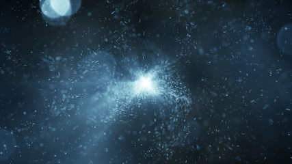 Blue particles and light flares abstract background