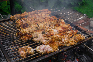 Preparation of a fresh, delicious shish kebab from a chicken on skewers.