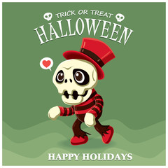 Vintage Halloween poster design with vector skeleton character. 