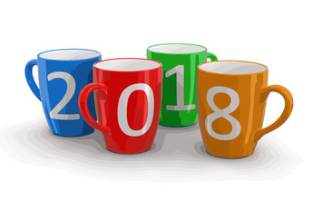 New Year 2018 on color cups. Image with clipping path