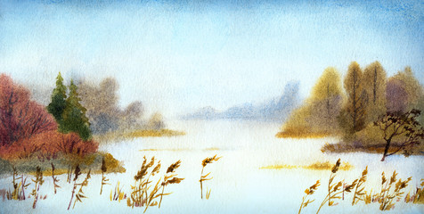Obrazy na Szkle  Watercolor landscape. Winter lake