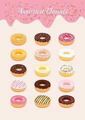 Sweet glazed donuts set on a white background. Donuts isolated.