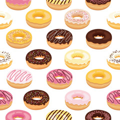Assorted donuts seamless pattern. Cartoon donuts vector.
