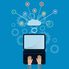 modern cloud services and Cloud Computing Elements Concept. Devices connected to the cloud with Gears. Flat Illustration.