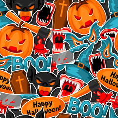 Happy Halloween seamless pattern with cartoon holiday sticker symbols