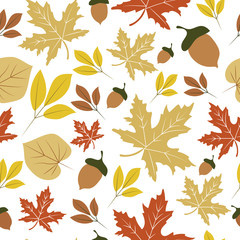 Autumn leaves and acorn seamless pattern