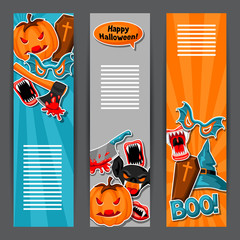 Happy Halloween banners with cartoon holiday sticker symbols. Invitation to party or greeting card