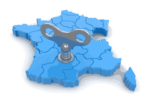 Map of France with winding key. Image with clipping path.