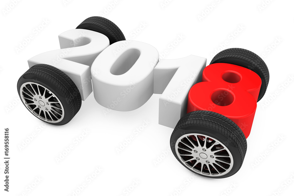 Poster 2018 year concept with car wheels. 3d rendering