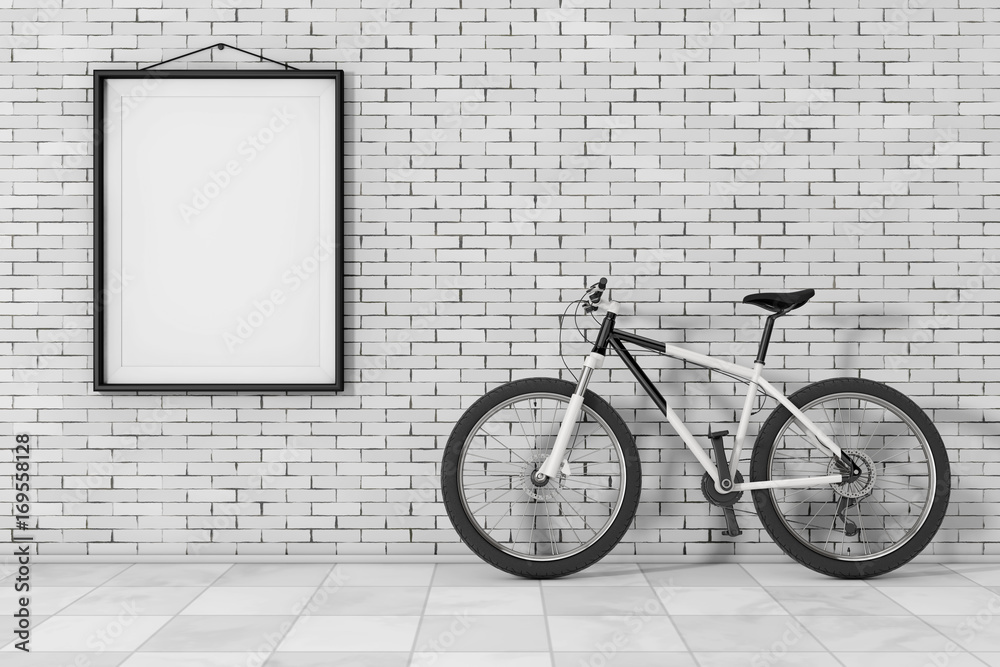 Poster black and white mountain bike in front of brick wall with blank frame. 3d rendering