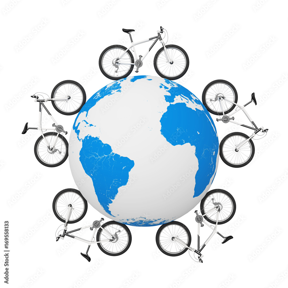 Poster black and white mountain bikes over earth globe. 3d rendering