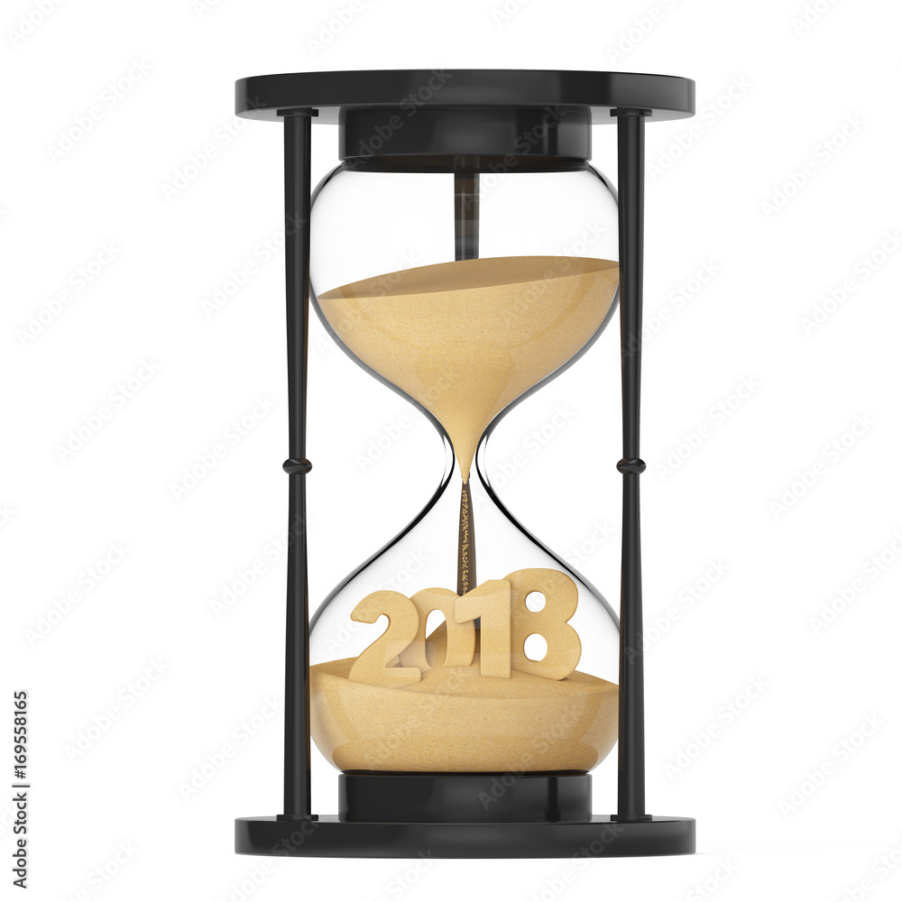 Poster new 2018 year concept. sand falling in hourglass taking the shape to 2018. 3d rendering