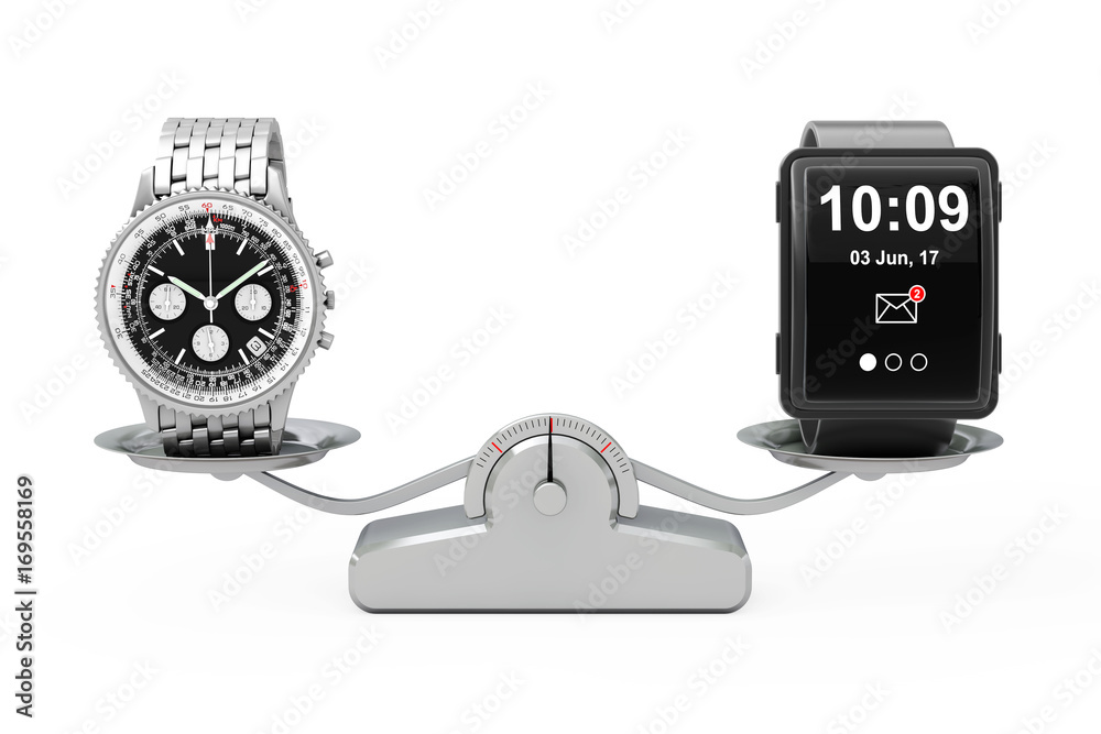 Aufkleber Luxury Classic Analog Men's Wrist Silver Watch with Big Conceptual Smart Watch Balancing on a Simple Weighting Scale. 3d Rendering