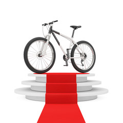Black and White Mountain Bike over Winner Podium with Red Carpet. 3d Rendering
