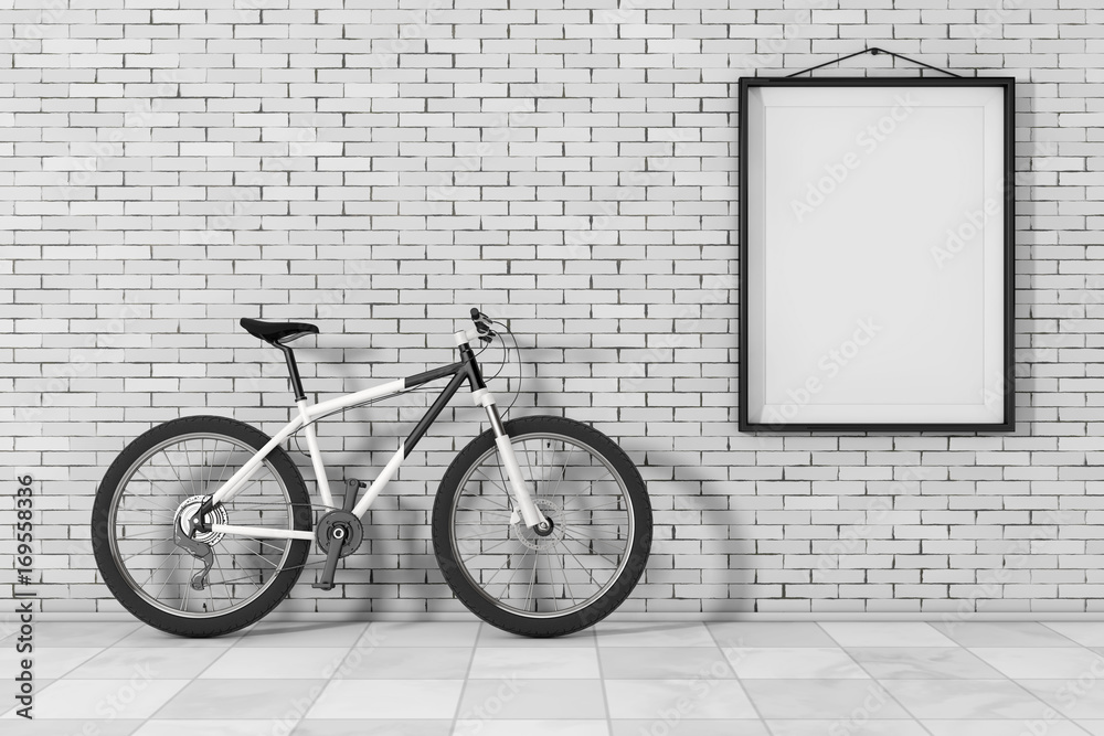 Poster black and white mountain bike in front of brick wall with blank frame. 3d rendering