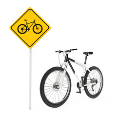 Black and White Mountain Bike near Bicycle Traffic Warning Sign. 3d Rendering
