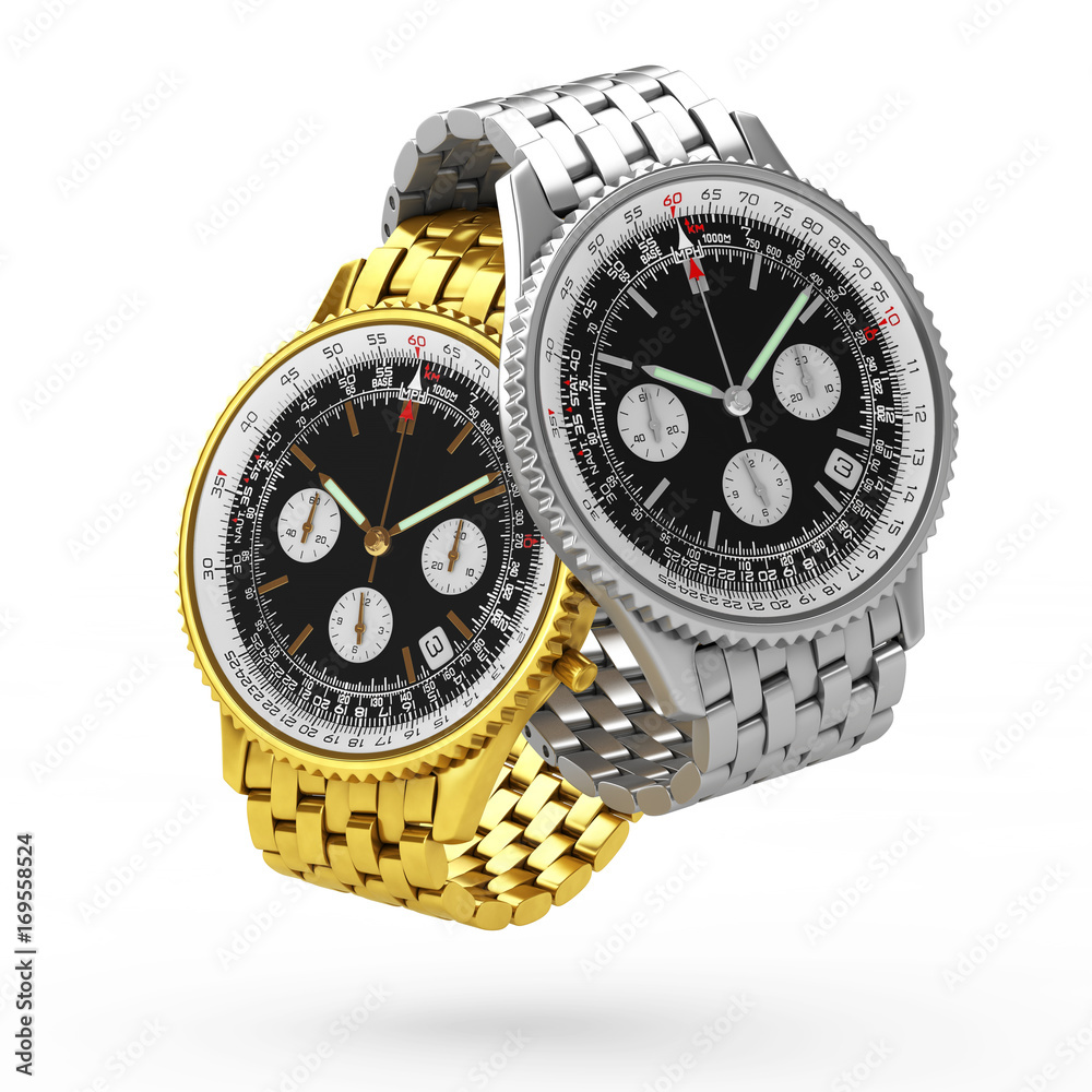 Poster luxury classic analog men's wrist golden and silver watches rendering. 3d rendering