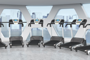 Fototapeta na wymiar Treadmills in Interior of Modern Gym Room Fitness Center with Big Windows. 3d Rendering