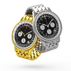 Luxury Classic Analog Men's Wrist Golden and Silver Watches Rendering. 3d Rendering