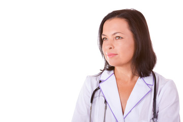 Smiling Medical Woman Doctor with Stethoscope and Copy Space for Yours Design