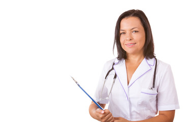 Medical Woman Doctor with Stethoscope Holding Clipboard