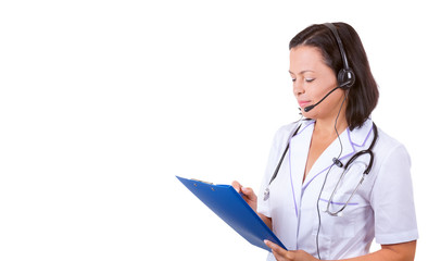 Medical Woman Doctor in Headset with Stethoscope Holding Clipboard with Copyspace for Yours Design