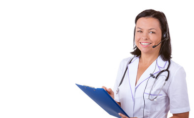 Medical Woman Doctor in Headset with Stethoscope Holding Clipboard with Copyspace for Yours Design