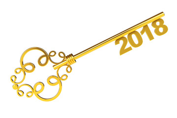 Golden Vintage Key with 2018 year Sign. 3d Rendering