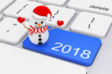 Blue 2018 New Year Key with Snowman on White PC Keyboard. 3d Rendering