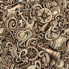 Cartoon hand-drawn nautical doodles seamless pattern