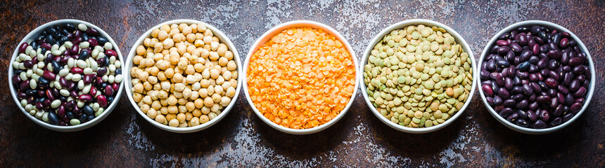 Various legumes - black, white, red beans, red, green lentils, and chickpeas on dark stone background. Top view, long banner format.