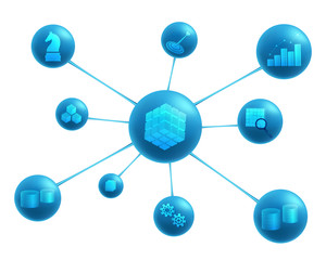 Business intelligence abstract representation. Business intelligence elements: data sources , datawarehouse, ETL, OLAP cube, data marts, data mining, analysis, decision making, targets.   
