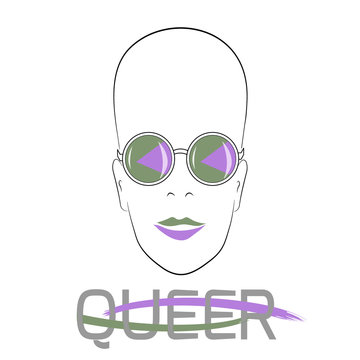 Stylized face with glasses using original colors for gay parade. Text Queer.  Unconventional sexual orientation. Vector design