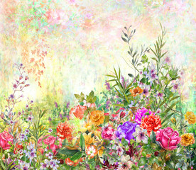 Obraz na płótnie Canvas Abstract colorful flowers watercolor painting. Spring multicolored in .nature.