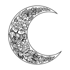Beautiful romantic crescent moon with rose or peony flowers. © MartaLeo