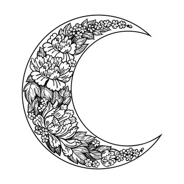 Beautiful romantic crescent moon with rose or peony flowers.