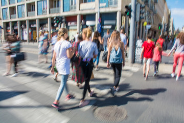 Busy city street people on zebra crossing