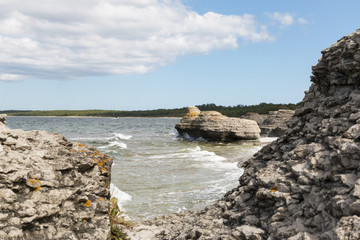 Rock formation formed by the nature, Byrums Raukar (sea stack ) at Öland, Sweden