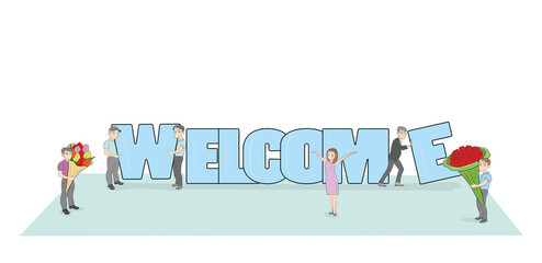 Crowd of working little people with big letters Welcome. Doodle cute miniature scene with message Welcome. Hand drawn cartoon vector illustration for internet design.