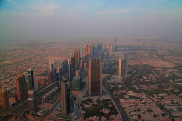 Fototapeta na wymiar Panorama sunset view to Dubai skyscrapers in UAE