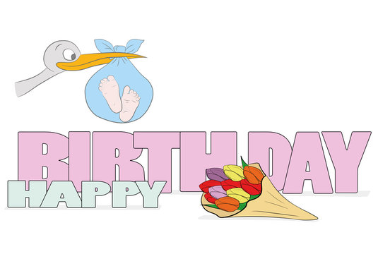 Sketch congratulations HAPPY BIRTHDAY! With a stork and a child. vector illustration.