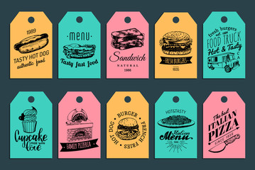 Vector fast food tags. Burgers, hot dogs, sandwich etc. illustrations. Vintage hand drawn quick meals labels collection.