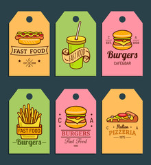 Vector fast food tags. Burgers, hot dogs, fry potato,pizza etc. illustrations. Hand drawn quick meals labels collection.