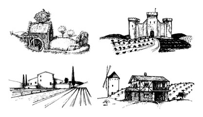 Vector farm landscapes illustrations set. Sketches of castle, agricultural homestead, watermill etc. Rural countryside