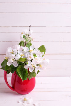 Tender apple tree flowers in  red  pitcher  on white wooden background. S