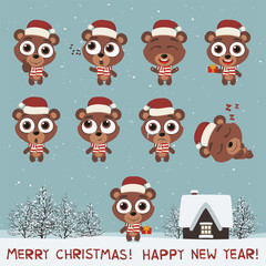 Merry Christmas and Happy New Year! Set fun teddy bears in various poses for christmas decoration and design. Collection isolated teddy bear in cartoon style.