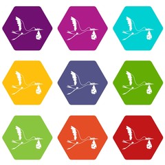 Stork carrying icon set color hexahedron