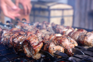 Close-up of a barbecue roasting on a hot grill 